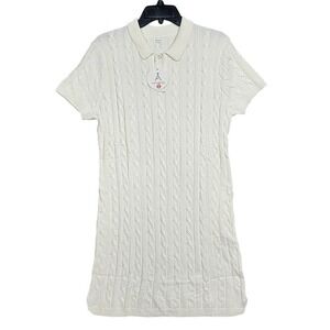 ANRABESS Cable‎ Knit Sweater Dress Short Sleeve Viscose Medium Cream Off White